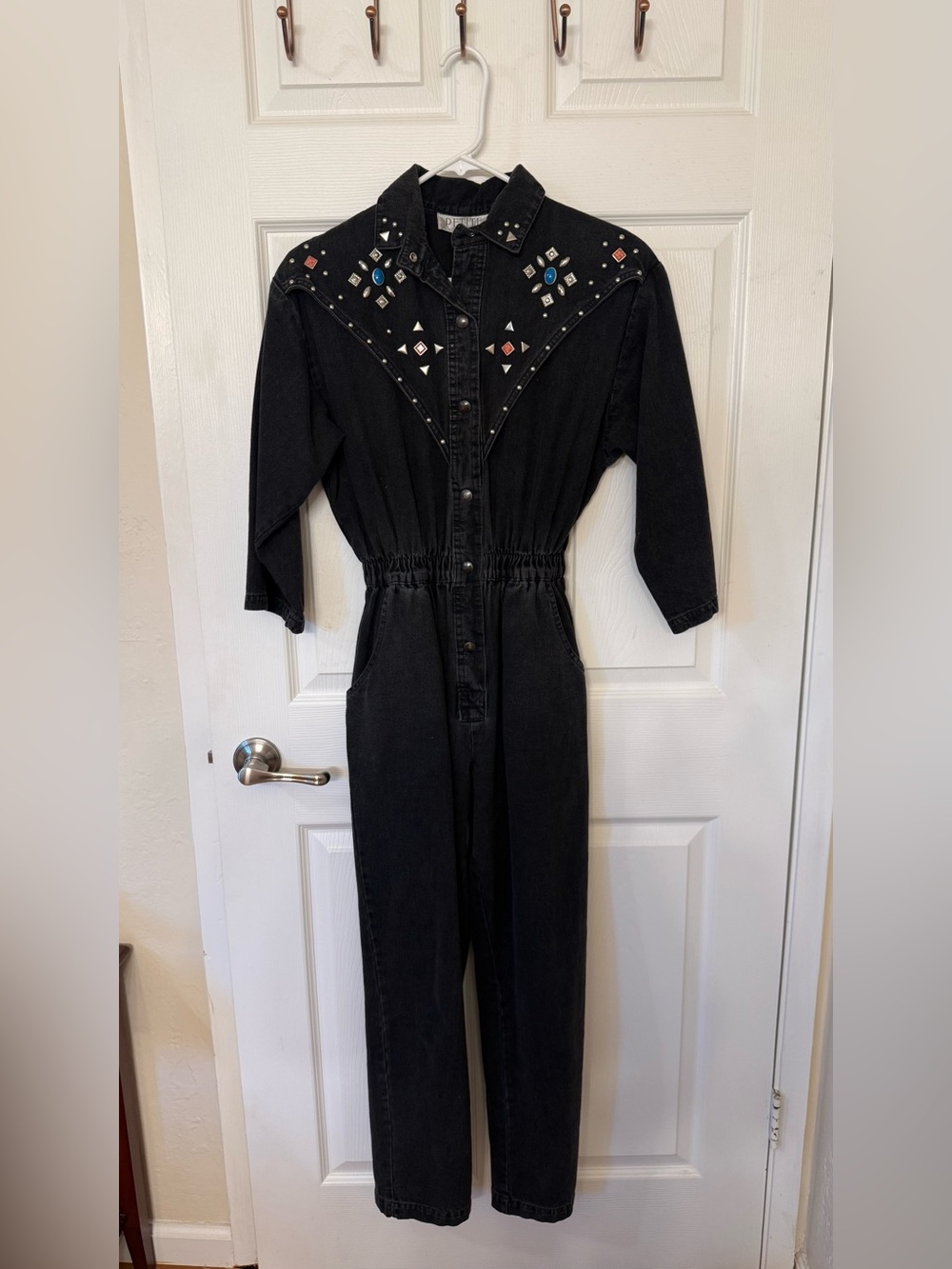 Petite Sophisticate Black Studded Denim Overalls with Multi-Color Accents